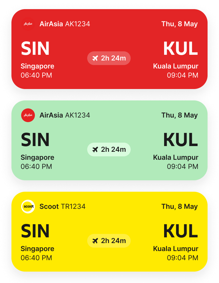 Red AirAsia flight card: AK1234 from Singapore to Kuala Lumpur, with departure and arrival times.