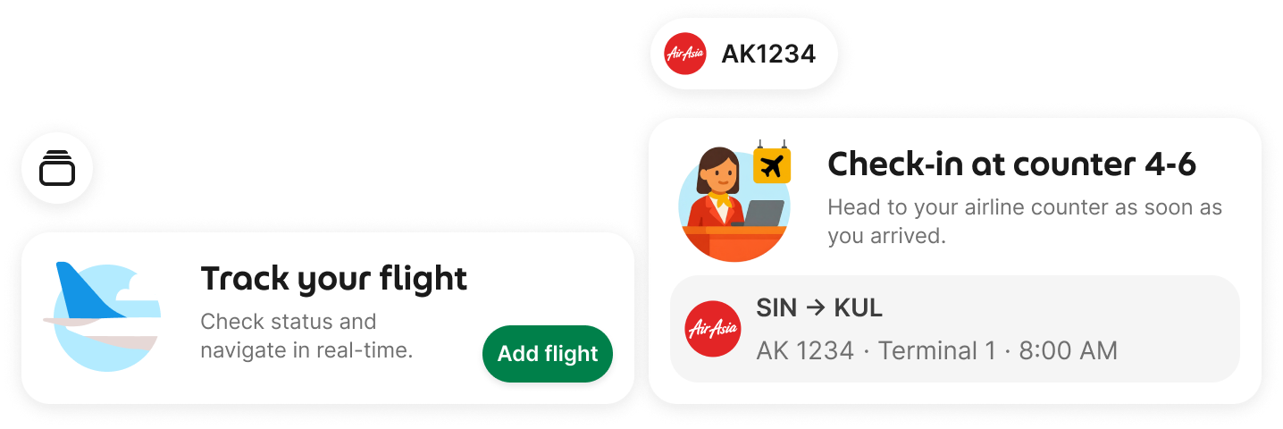 Early compact and expanded SmartCard states for linking a flight and finding a check-in counter