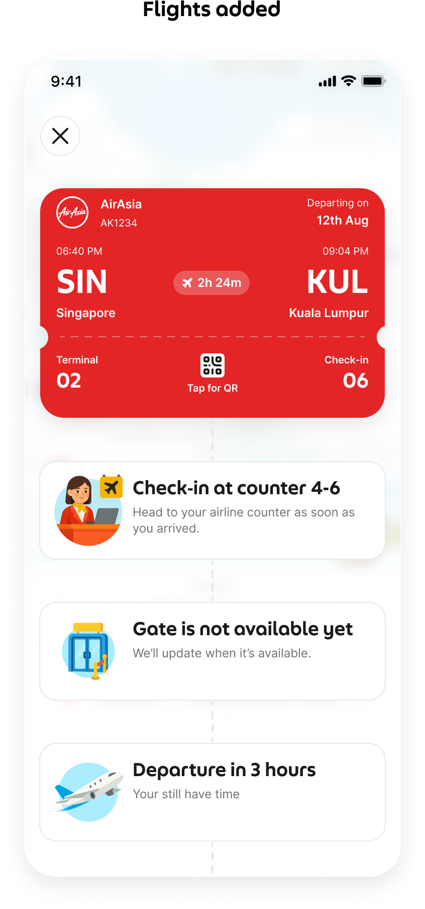 Early flight timeline with boarding pass, check-in counter, gate availability and departure time