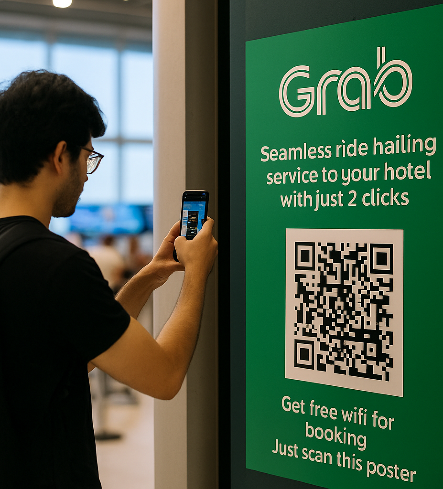 Scan to Ride concept showing a Grab QR poster at an airport
