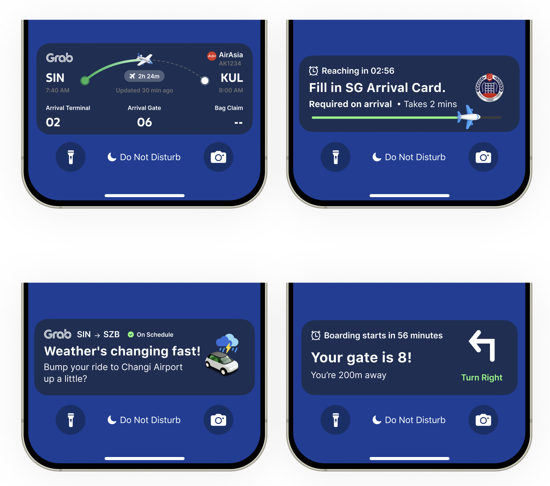 Four early lock-screen alerts for flight timing, arrival forms, weather and boarding