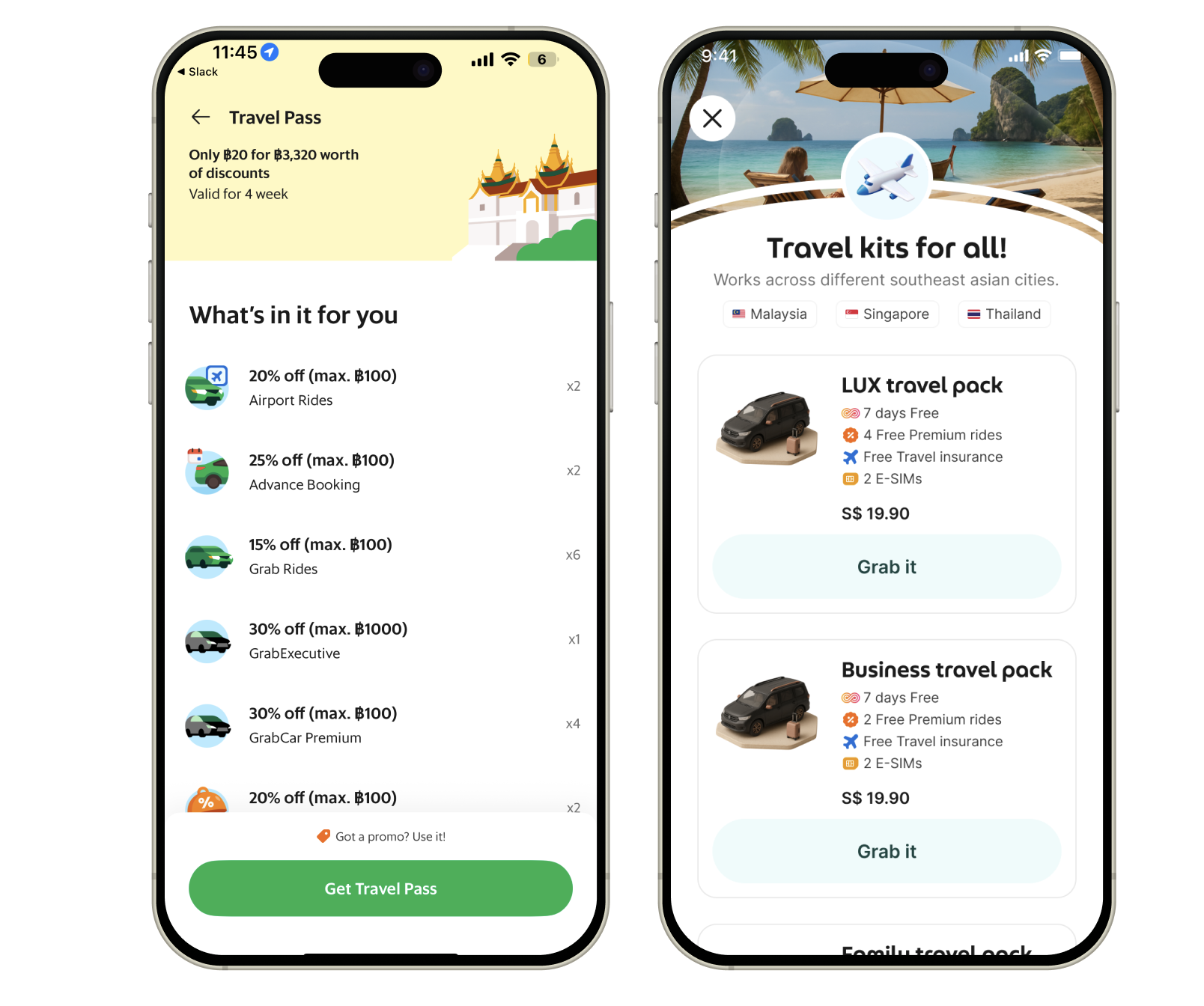 Travel Pass and travel-kit concept screens for different traveller needs