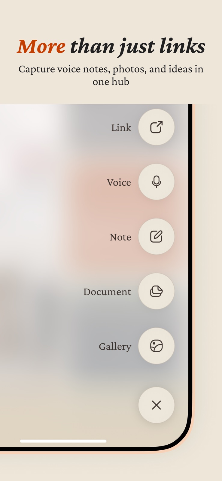 ClawKeep capture menu for links, voice notes, text, documents and photos