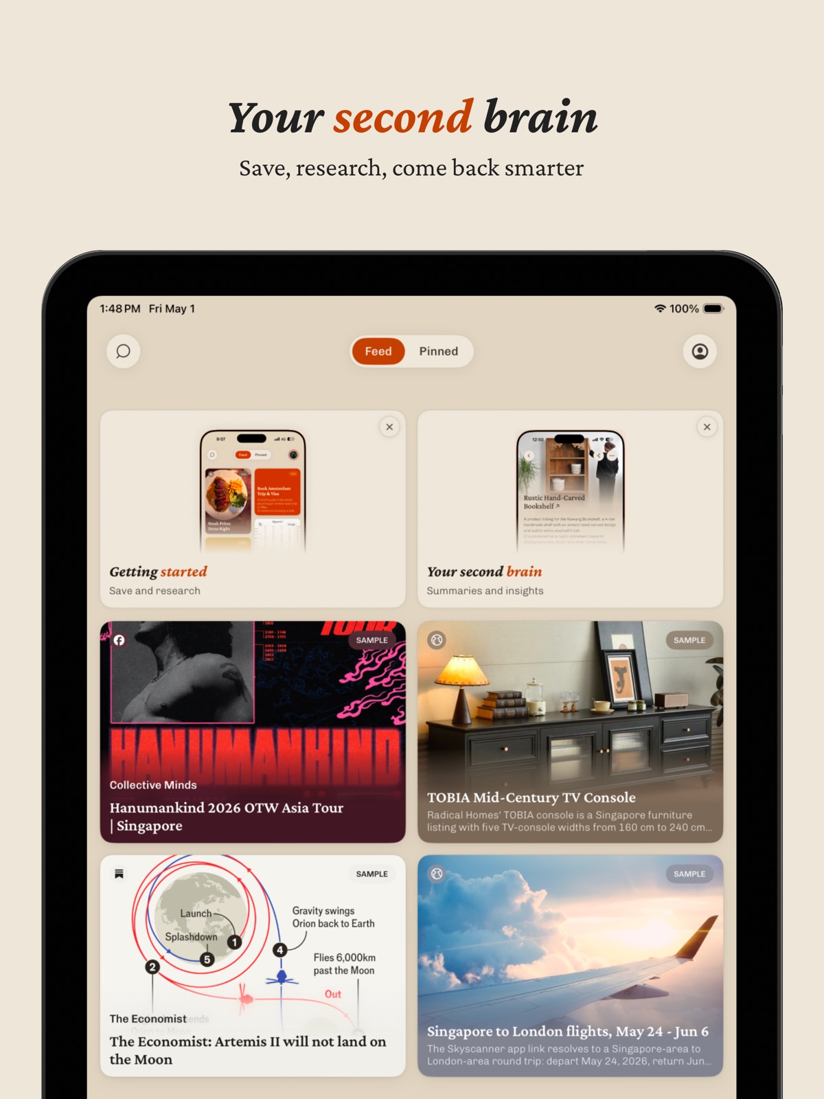 ClawKeep on iPad, showing saved items in a two-column feed
