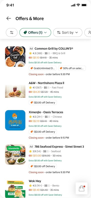 Previous restaurant listing with small food images and truncated offer text